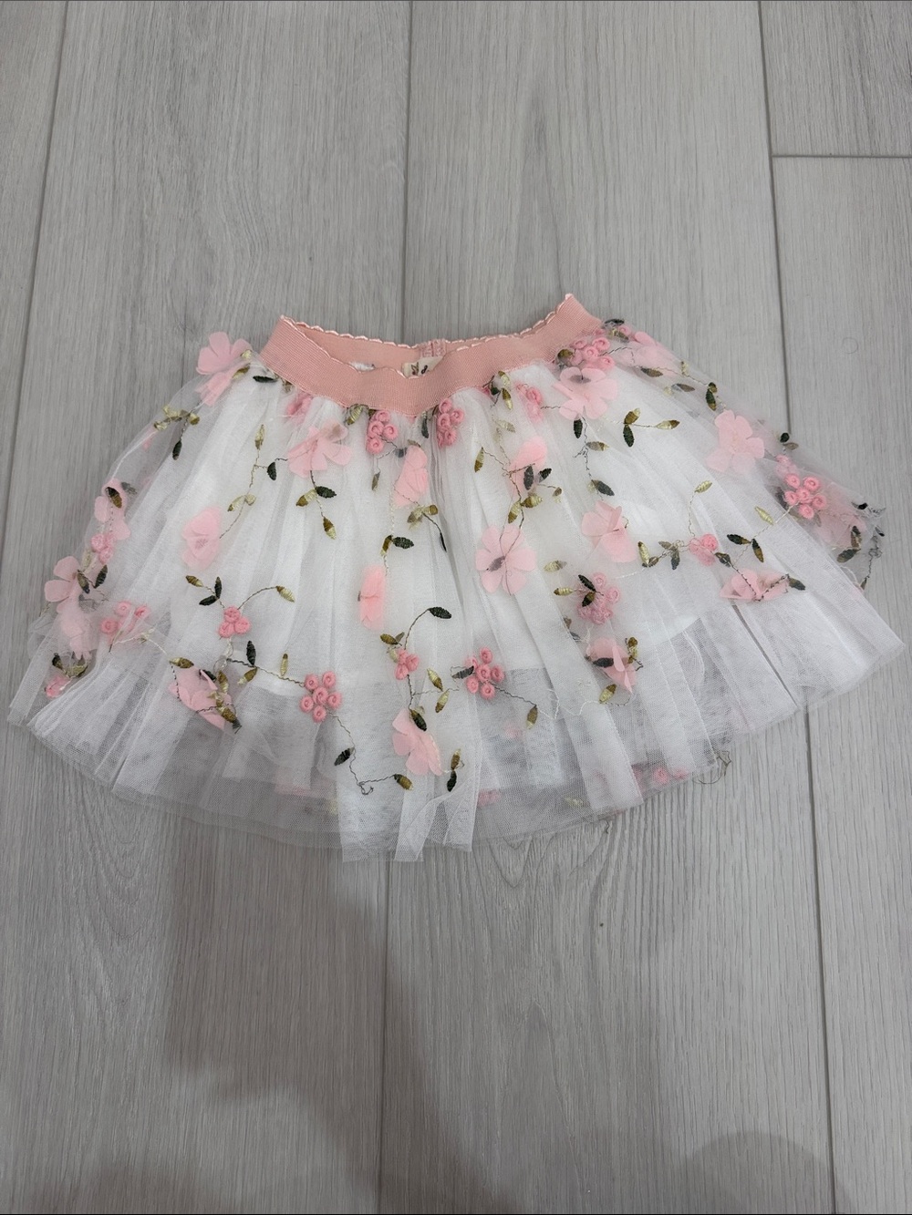 Girls' White Tulle Skirt with Pink Floral Embroidery
